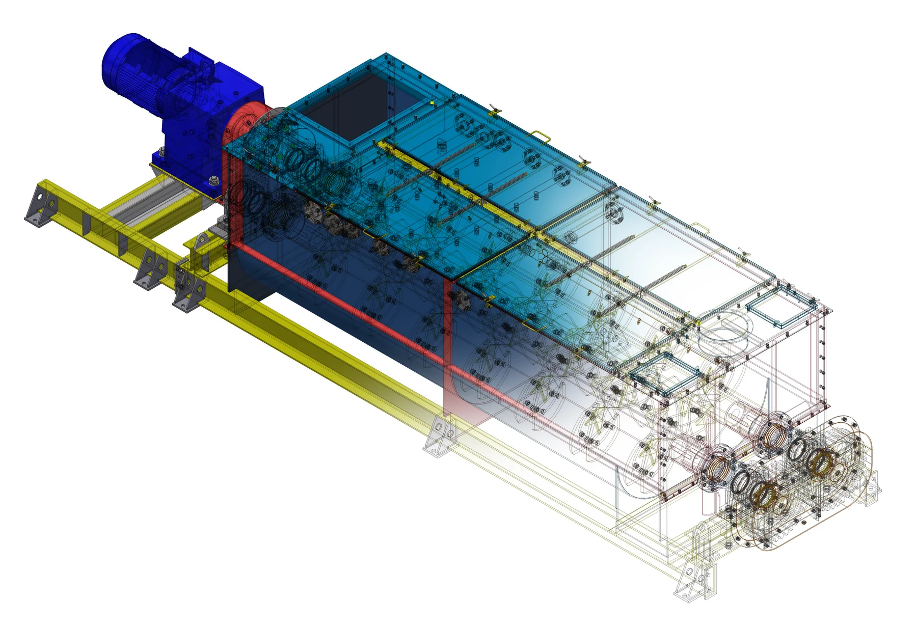 Autodesk Inventor model of an MBE EWB screw-type conditioning unloader shown as a combined solid and wireframe assembly